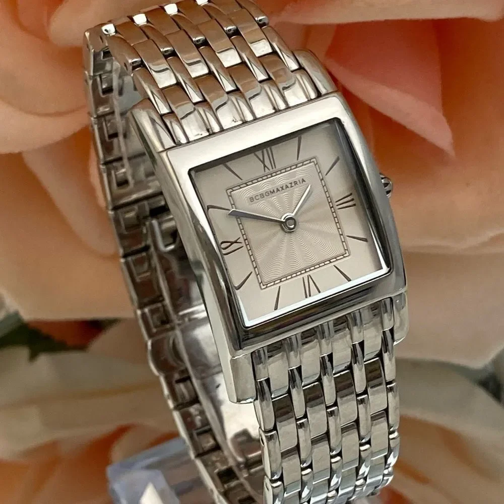 BCBGMaxAzria Stainless Steel Tank Style Dress Watch Roman Numerals